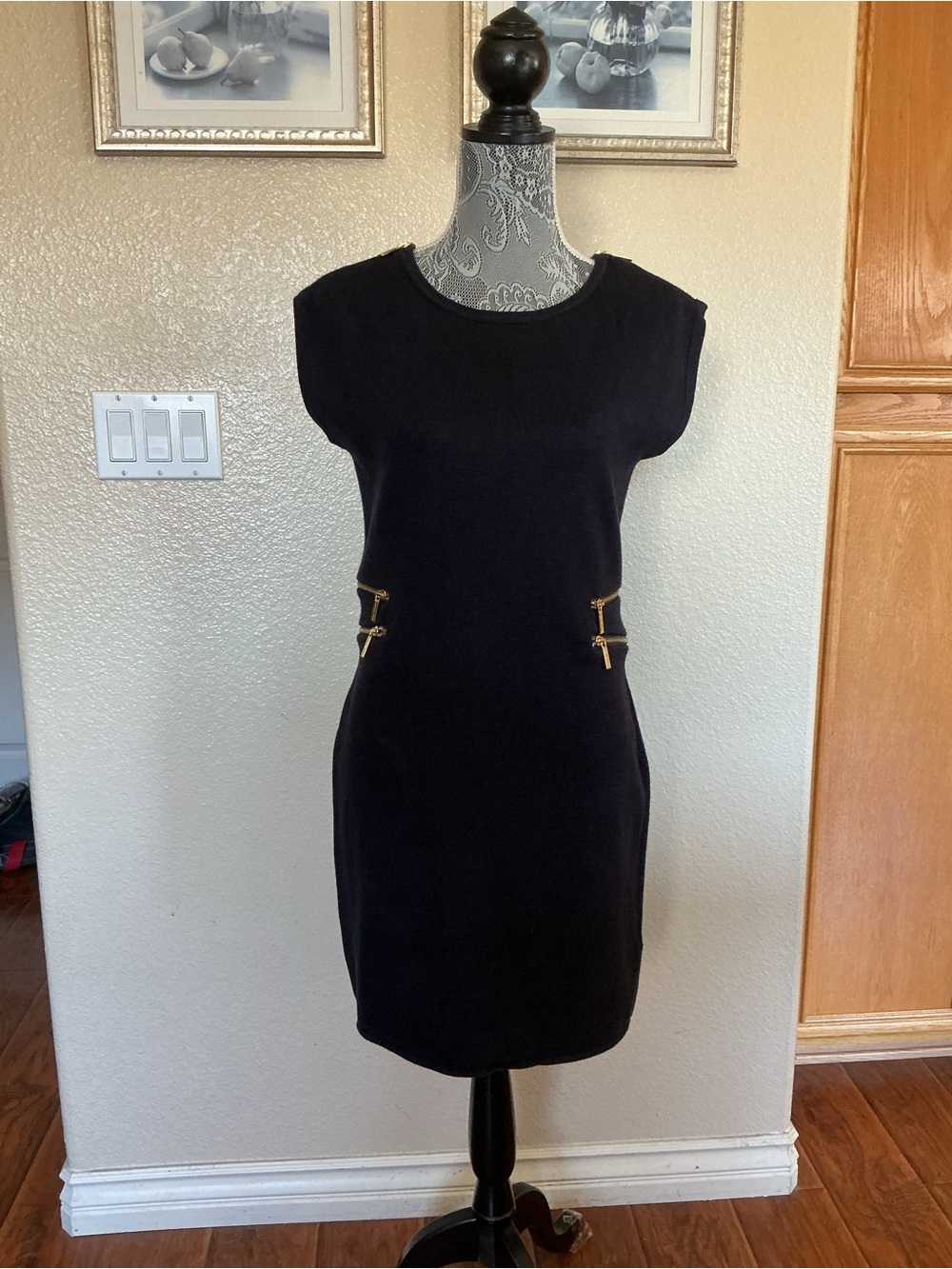 Michael Kors Black Sleeveless Knit sweater dress with Gold Zipper Accents